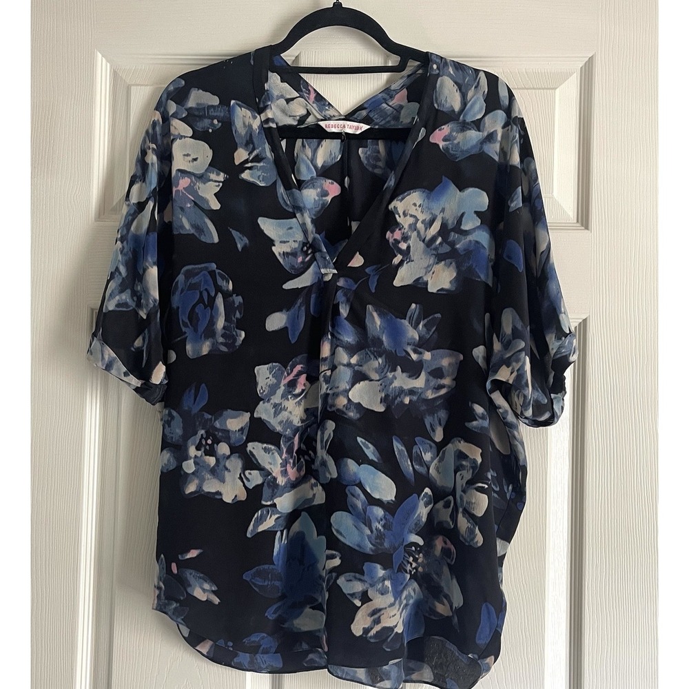 Rebecca Taylor Silk Floral Blouse Size 8 Navy Double V-Neck Lightweight Flowy